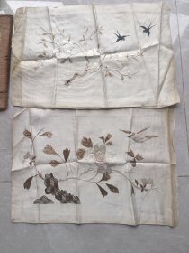 晚清或民国 花鸟 绣品 绫本 尺寸49x35cm左右 两件合卖 包老绣