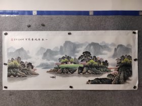 （得自画家本人，永久保真）金殿忠老师小六尺（181×70）山水，适合客厅，中堂，办公室等，装框上墙悬挂更漂亮！金殿忠，1954年生，辽宁清原县人，从事绘画四十多年，逐步形成自己的风格，现为辽宁省美协会员，抚顺市美协会员。