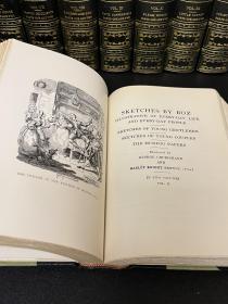 1868《狄更斯文集》The Works of Charles Dickens，
20册大全套，国立图书馆特辑，墨绿色真皮装帧，真丝布面，竹节背压花烫金，顶金侧底毛边，经典插图，厚重大开本。基本未翻动过，整体状态非常好。
