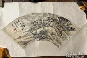 著名画家 与陆俨少、应野平一起并称上海山水“画坛三杰” 被推为最得吴湖帆青绿山水真传者 浙江湖州 俞子才山水扇面一张 原装旧裱 包老保真 少见