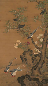 高清复制名人字画 明 吕纪 桂菊山禽图84x150厘米