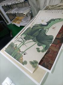 荷塘蜻蜓翠鸟图荷花 宣纸高清微喷画芯45.4x94.5cm