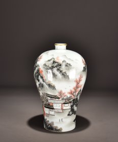 旧藏清乾隆墨彩溪山静远图山水梅瓶！ 尺寸高33宽19