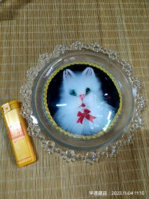 民俗老物件：八十年代猫咪玻璃工艺品摆件（直径：16CM）