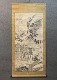 古笔山水人物图，超大幅【田能村直入】 
1814 - 1907（文化十明治四十）94岁。本
姓三宫，幼名传太、松太，名痴，字顾绝，号小虎、小虎散 人、笠翁、青湾渔老、青湾茶寮、青椀、直入山樵、山樵、 画仙堂、竹翁居士。丰后国（今大分县）生人。9岁入田 能村竹田门下，后成为其养子，并易姓田能村。儒学从 师箓崎小竹、大盐后素。