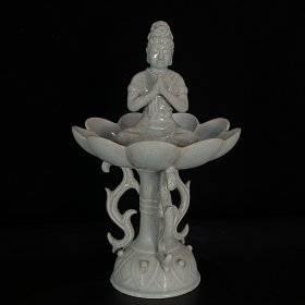 宋汝窑天蓝釉莲花观音摆件 16.5x26厘米DD