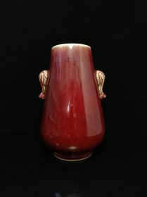 瓷器，老窑瓷，康熙狼红釉象耳尊，尺寸27.5x18厘米。