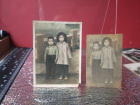 民国老照片旧照片 手工上色 上海姐弟俩 两张合售