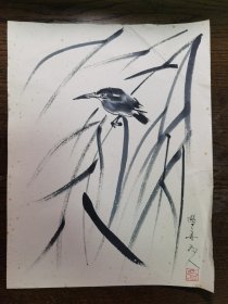 水墨画：柳叶翠鸟