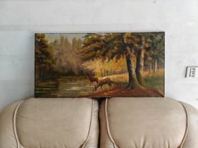 署名不详风景油画“两只小鹿河边喝水”10050