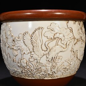 旧藏 清光绪王炳荣雕刻莲池鸳鸯纹卷缸 20*25厘米