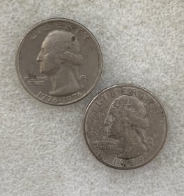 美国25分2枚套1976年独立200周年+1989华盛顿国徽 铜镍 24mm 旧币