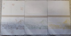 上世纪六十年代前后木板水印“山水画”宣纸信笺24张（三色，八种，自然黄斑）