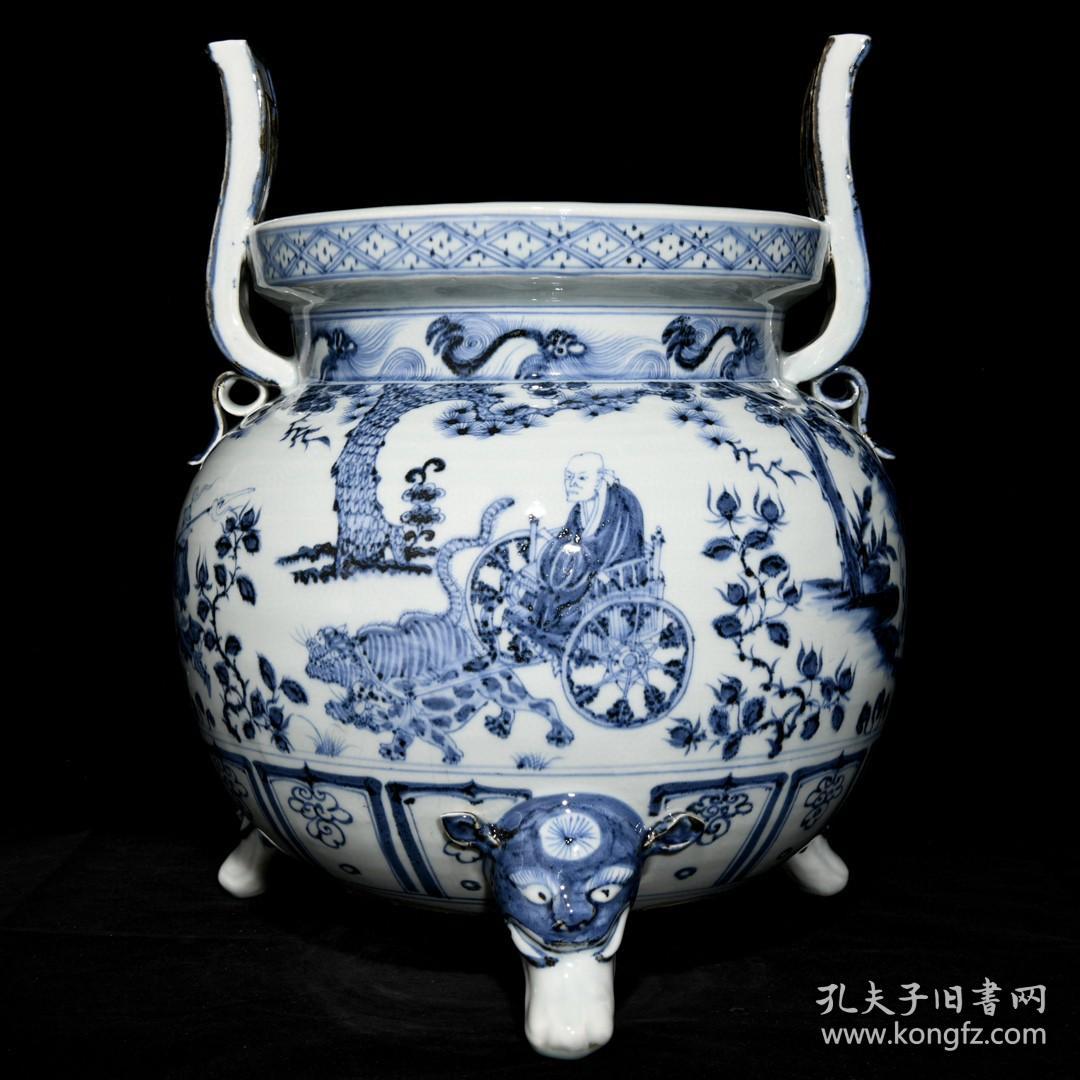 点击查看原图 元代瓷器精品老货收藏 元青花鬼谷子下山图双耳三足炉