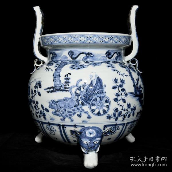 元代瓷器精品老货收藏 元青花鬼谷子下山图双耳三足炉