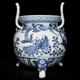 元代瓷器精品老货收藏 元青花鬼谷子下山图双耳三足炉