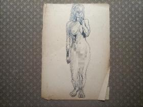 日本西洋画家安保健二（1922～1994）手绘女子人体素描一张。风格沉静，蕴藉生动。