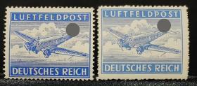 2-611德国1942年航空邮票1全新，2枚原胶无贴（刷色不同。深蓝色和浅蓝色各1枚）Ju-52运输机 飞机 无面值邮票 二战集邮