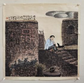 h.0137r谷丰，北京画院画家，九四年原裱镜心作品保真，画芯尺寸为69x68。品相如图瑕疵撕裂