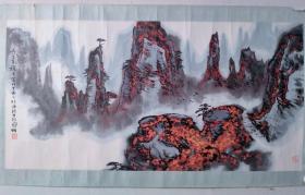 保真书画，邵戈(戈非？)80年代国画山水一幅，尺寸：50*99.5纸本镜心