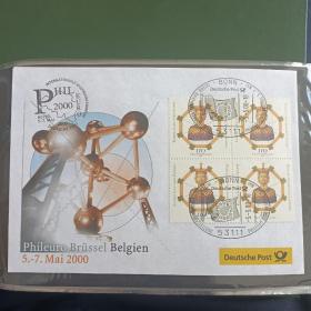 F1719外国信封 2000年比利时邮展纪念封 贴2000年德国邮票 世界遗产亚琛大教堂查理曼大帝雕像四方联 1全