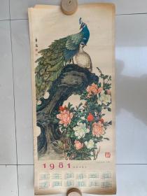 著名画家白铭画1981年年历画：孔雀牡丹（中国画）人民美术出版社1980年初版初印、色泽鲜艳、非常漂亮、品佳、保真保老