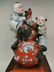 八十年代粉彩福禄双全瓷塑摆件