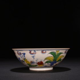 明成化红胎斗彩描金美人带子纹薄胎碗6*16.5厘米
