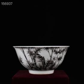 清雍正墨彩竹石纹碗 古玩花瓶古董古瓷器藏品