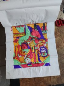 山东曹州木版年画 天地全神“老天爷”与关公读春秋两幅连体彩色套印