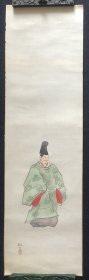 日本舶来 国画立轴 “人物” 绢本托片 屏风剥落 款：梅湖 年代物