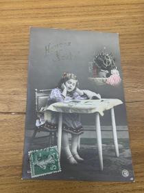 法国1911年，小萝莉主题立体明信片，花体字写的很漂亮