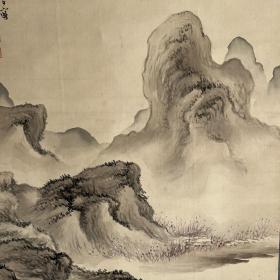 日本近代南画家石井金陵作品，武陵桃源图，1904年作，绢本绫裱，无轴头，带木盒，画心118*41.5，装裱纹样为雪花，十分罕见有趣。038