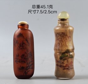 收来老琉璃鼻烟壶两个。 雕刻精美，品相一流，保存完整……