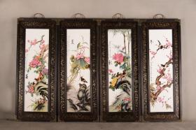 红木包铜皮框镶粉彩花鸟瓷板画挂屏一组《春夏秋冬》1