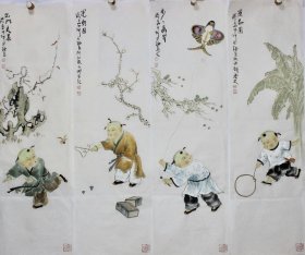 【童趣图】 当代著名人物画家阳老师精品人物四条屏