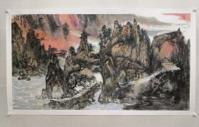 保真书画，安徽名家，王成功六尺整纸山水画《黄山烟霞》97×180cm ，纸本托片。王成功，历任安徽省美术家协会副秘书长，民革中央画院第一届理事，中国画艺术创作院画家，安徽中山画院副院长，政协淮北市第六届、第七委员会委员。中国妈祖书画院副秘书长，安徽省中国画学会理事，安徽省工商业企业家艺术家联谊会常务理事，中国琉璃厂画院理事，安徽省徽商发展促进会副会长。