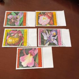 外邮，保加利亚，花卉盖销邮票，五枚一套。