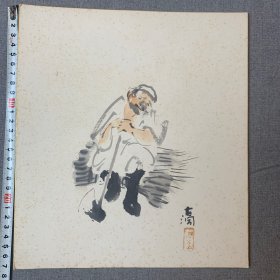 日本回流色纸，卡纸画，明治末昭和初期日本画家，山中古洞画作，老柴夫