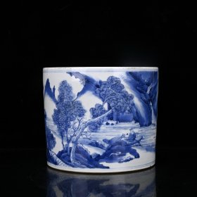 康熙青花山水笔筒。规格16.5*20厘米
