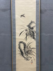 月波，民国时期老画《兰石飞雀图》