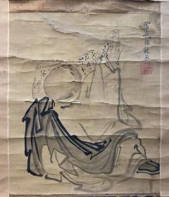 古筆人物图，清代，【曾我蕭白】 
1730 - 1781 （52歲。本 姓三浦，字師龍，號輝鷹、暉雄、暉一、輝一、蕭 白、如鬼、鬼神齋、鸞山、蛇足軒' 飛鸞、虎道、德 甫，通稱左近次郎一京都生人' 從師高田敬甫，又祖 述雪舟等楊、曾我蛇足。終成自家之風，筆意豪放， 用彩反差強烈，個性突出，世有奇才之稱。自詡曾我 蛇足第十代，與池大雅交友甚密'擅長水墨山水、人 物代表作品《群仙圖屏風》