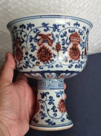 宣德年制釉里红高脚碗，画工漂亮。