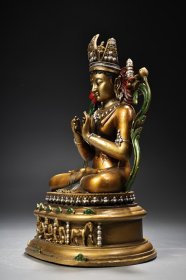 珍品旧藏收纯铜全铜高浮雕錾刻彩绘描金五方佛弥勒佛佛像一尊 工艺精湛 造像精美 重1500克 高26厘米 宽15厘米 255536