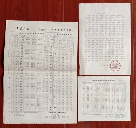 1974年中国民航上海班期时刻表客货运价表和通知单3张