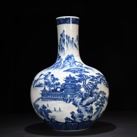 清雍正青花山水楼阁纹天球瓶55*36厘米