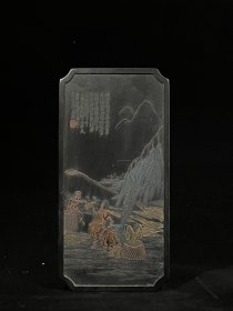 正宗徽州捕鱼图墨块，开片纹清晰，重约588g，21×10.5×2cm，可以用的墨