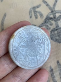 【清】明清古玉 老翡翠 玉牌 一面刻一鹭莲科   一面刻喜上梅梢