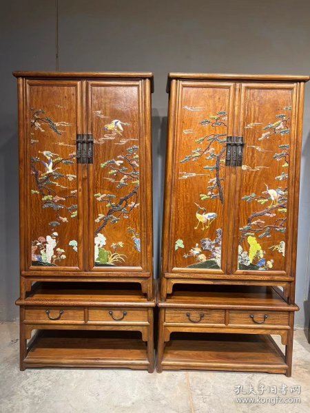 清代海南黄花梨镶嵌百宝面条柜一对