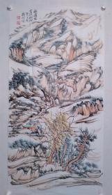 保真書畫，著名畫家，羅治安先生四尺整紙山水畫作《秋溪年言澆村行》一幅，尺寸：137*69羅治安，別署羅達(dá)、大智、覺慧山人，男，1955年出生于鄭州。畢業(yè)于河南大學(xué)美術(shù)系，中國美術(shù)家協(xié)會(huì)會(huì)員，河南省美術(shù)家協(xié)會(huì)理事、山水畫藝委會(huì)副主任，河南省書畫院特聘畫家、學(xué)術(shù)委員，鄭州市美術(shù)家協(xié)會(huì)原主席、專職畫家
